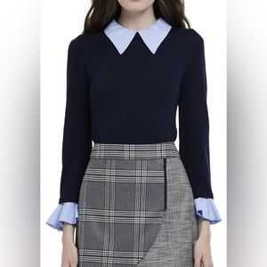 Alice + Olivia Wool Sweater Blue Ruffle Cuff Collared Knit Aster Top Size Medium